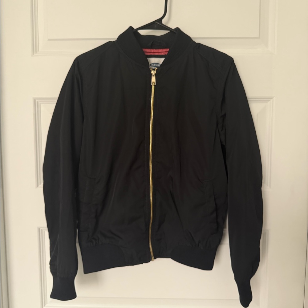 Old Navy Women’s Black Bomber Jacket with Gold Zipper